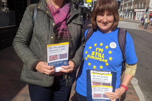 Jane Clark, Wealden LibDem Chair and Karen, in Tunbridge Wells on Sept 29, 2018 promoting the upcoming People's Vote March