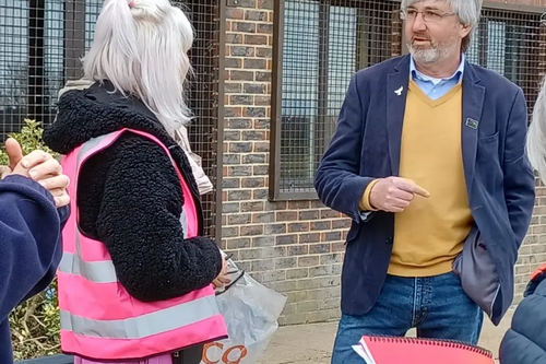 Tim Murray (right) talking with Uckfield protest organiser Den McCartney